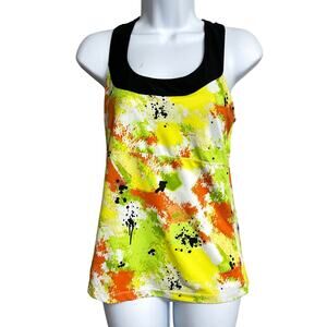 Xersion Womens Tank Top Size S Yellow Splattered Print Cross Back Athleisure Gym